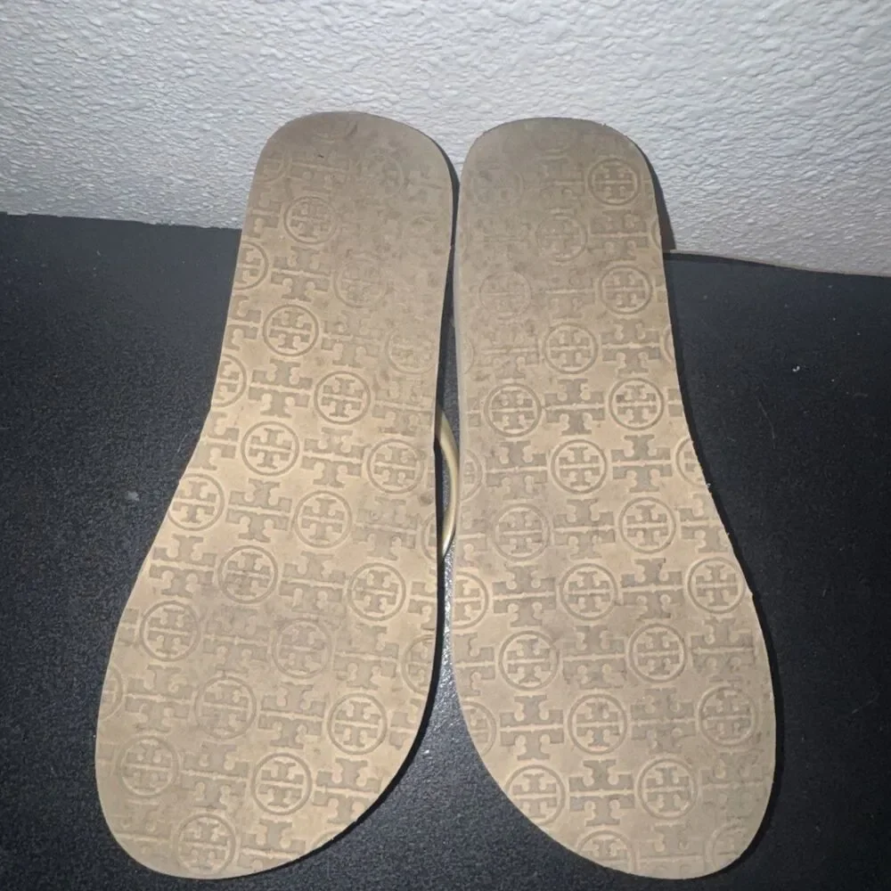 Tory Burch Logo Platform Wedge Flip Flop Sandals Women 7.5 Beige Thong Beach